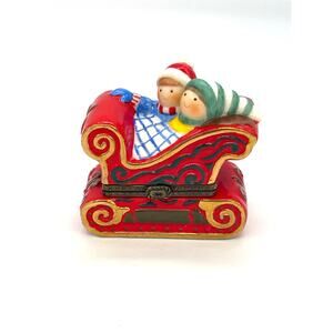 Porcelain Children Riding in a Sleigh Hinged Trinket Box by Foreside